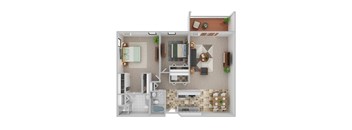 A top-down view of a small apartment with a kitchen, living room, and bathroom.