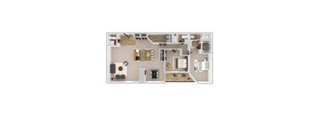 A floor plan of a house with a kitchen, living room, and bedrooms.