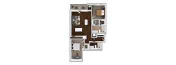 A top-down view of a small apartment with a kitchen, living room, and bathroom.