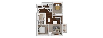 A top-down view of a small apartment with a living room, kitchen, and bedrooms.