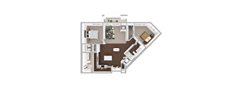 A top-down view of a house layout with a kitchen, living room, dining room, and bedrooms.