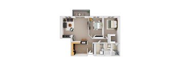 A 3D floor plan of a small apartment with a kitchen, living room, and bathroom.