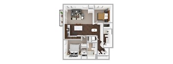 A top-down view of a modern apartment layout with a kitchen, living room, and bathroom.
