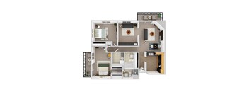 A top-down view of a small apartment layout with a kitchen, living room, and bedroom.
