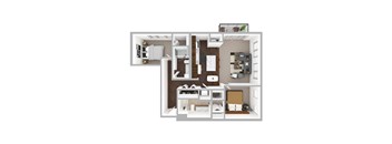 A 3D floor plan of a small apartment with a kitchen, living room, and bedroom.