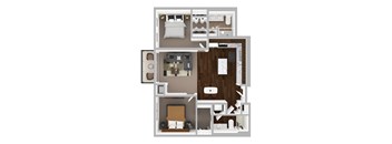 A 3D floor plan of a small apartment with two bedrooms and a bathroom.