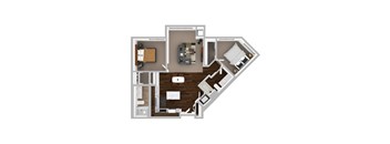 A top-down view of a house layout with a kitchen, living room, and bedrooms.