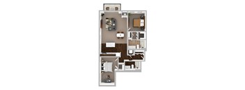 A floor plan of a two-bedroom apartment with a living room, kitchen, and bathroom.