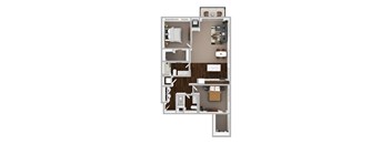 A floor plan of a small apartment with a kitchen, living room, and two bedrooms.