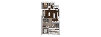A 3D floor plan of a small apartment with a kitchen, living room, and bedrooms.