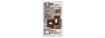 A floor plan of a two-bedroom apartment with a living room, kitchen, and bathroom.