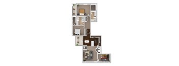 A floor plan of a small apartment with a kitchen, living room, and two bedrooms.