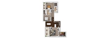 A floor plan of a small apartment with a kitchen, living room, and two bedrooms.