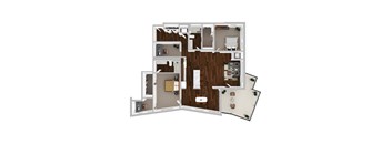 A 3D floor plan of a house with a kitchen, living room, and bedrooms.
