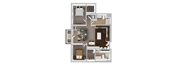 A top-down view of a small apartment layout with a bedroom, living room, kitchen, and bathroom.