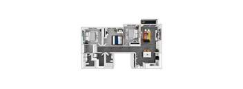 A 3D floor plan of a house with a kitchen, living room, and bedrooms.