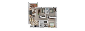 A 3D floor plan of a small apartment with a kitchen, living room, and bedroom.