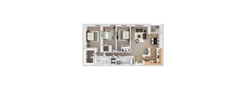 A top-down view of a modern apartment layout with a kitchen, living room, and bedrooms.