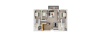 A floor plan of a house with two bedrooms, a living room, a kitchen, and a bathroom.