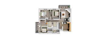 A top-down view of a two-bedroom apartment with a living room, kitchen, and bathroom.