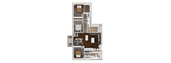 A top-down view of a small apartment layout with a kitchen, living room, and bedrooms.