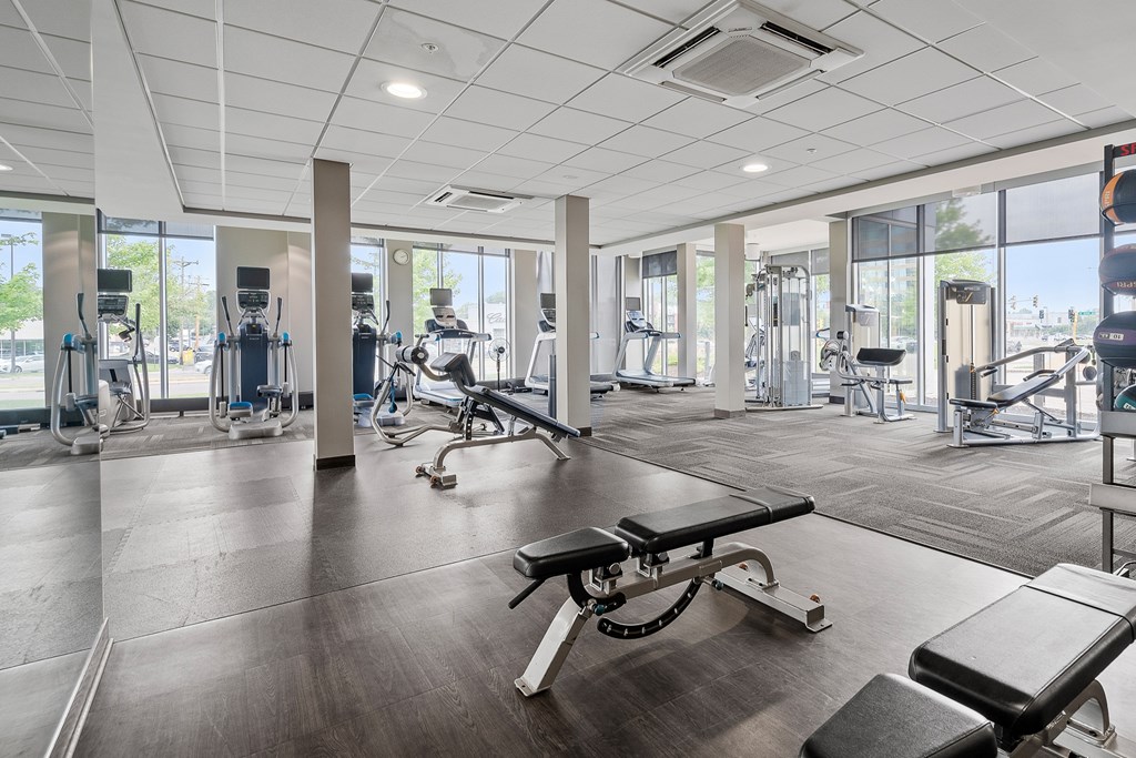 A gym with a variety of equipment including treadmills, weights, and exercise machines.