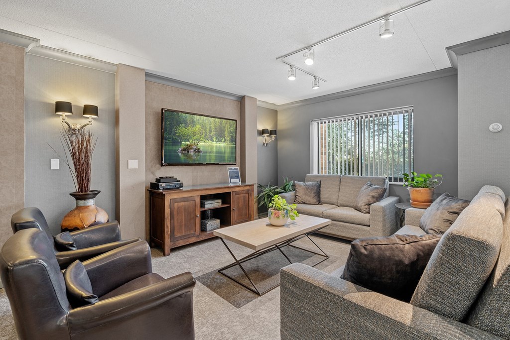 a living room with couches and chairs and a television