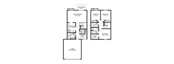 A floor plan of a two-level home with labeled rooms and dimensions.