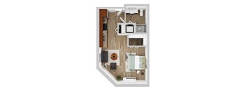 A top-down view of a modern apartment layout with a kitchen, living room, and bathroom.
