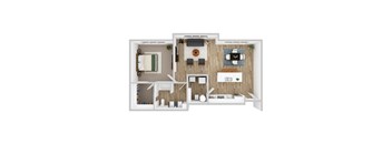 A top-down view of a modern apartment layout with a living room, kitchen, and bedroom.