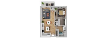 A top-down view of a modern apartment layout with a living room, kitchen, and bathroom.