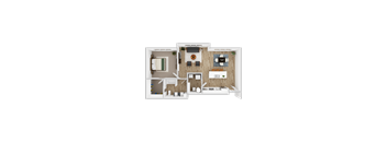 A top-down view of a house layout with a kitchen, living room, and bedrooms.