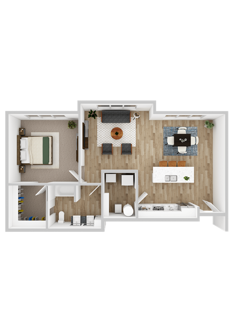 A top-down view of a house layout with a kitchen, living room, and bedrooms.