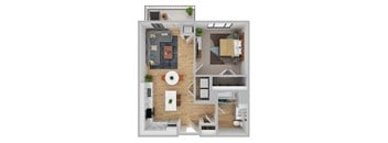 A top-down view of a modern apartment layout with a kitchen, living room, and bedroom.