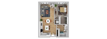 A top-down view of a modern apartment layout with a living room, kitchen, and bedroom.
