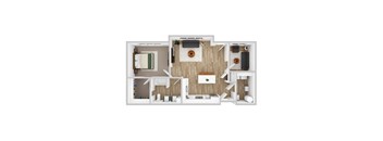 A top down view of a modern apartment layout with a kitchen, living room, and bedroom.