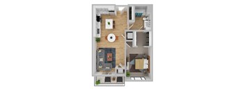 A top-down view of a modern apartment layout with a living room, kitchen, dining area, and bathroom.