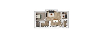 A top down view of a small apartment with a bedroom, living room, and kitchen.