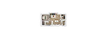A 3D rendered image of a house layout.