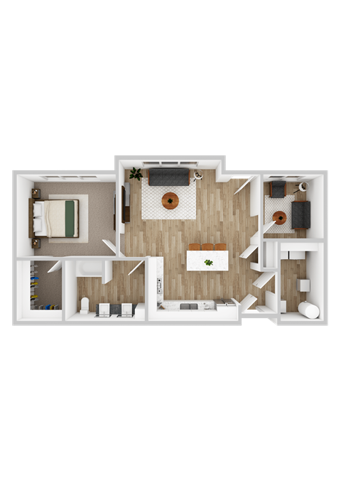 A 3D rendered image of a house layout.
