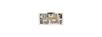 A 3D rendered image of a house layout.