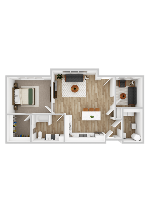 A 3D rendered image of a house layout.
