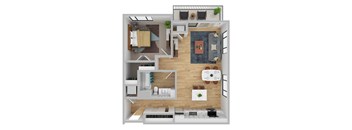 A top-down view of a modern apartment layout with a living room, kitchen, and bathroom.