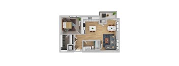 A top-down view of a modern apartment layout with a kitchen, living room, and bedroom.
