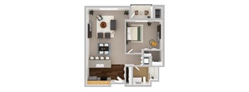 A 3D floor plan of a small apartment with a kitchen, living room, and bedroom.