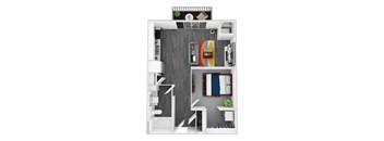 A top-down view of a small apartment with a kitchen, living room, and bedroom.