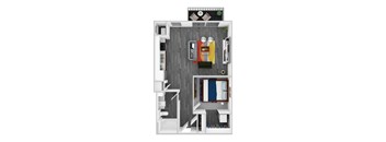 A top-down view of a small apartment with a living room, kitchen, and bathroom.