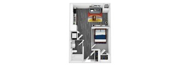 A top-down view of a small apartment with a bedroom, living room, and kitchen area.