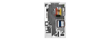 A top down view of a small apartment with a kitchen, living room, and bedroom.