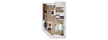 A top-down view of a modern apartment layout with a kitchen, living room, and bedroom.